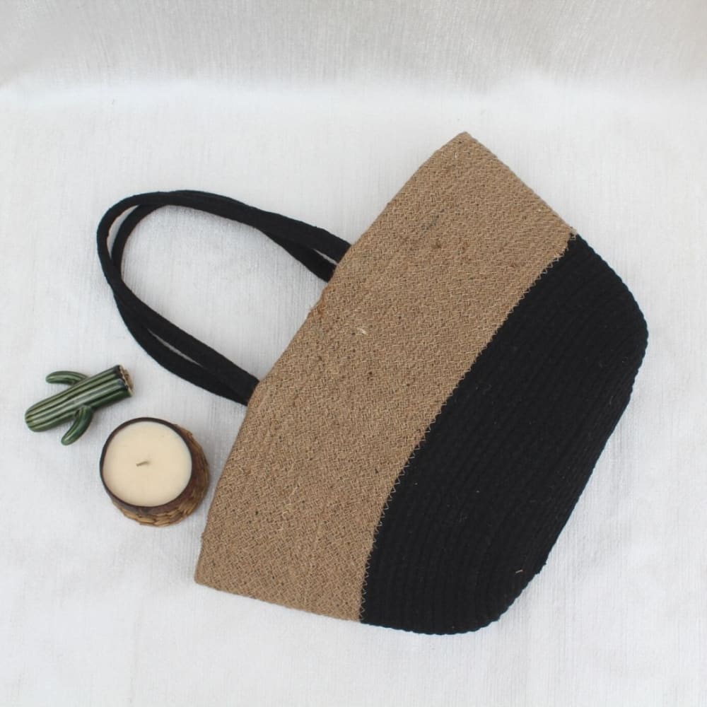 Black/Beige Jute Tote Bag - Bags