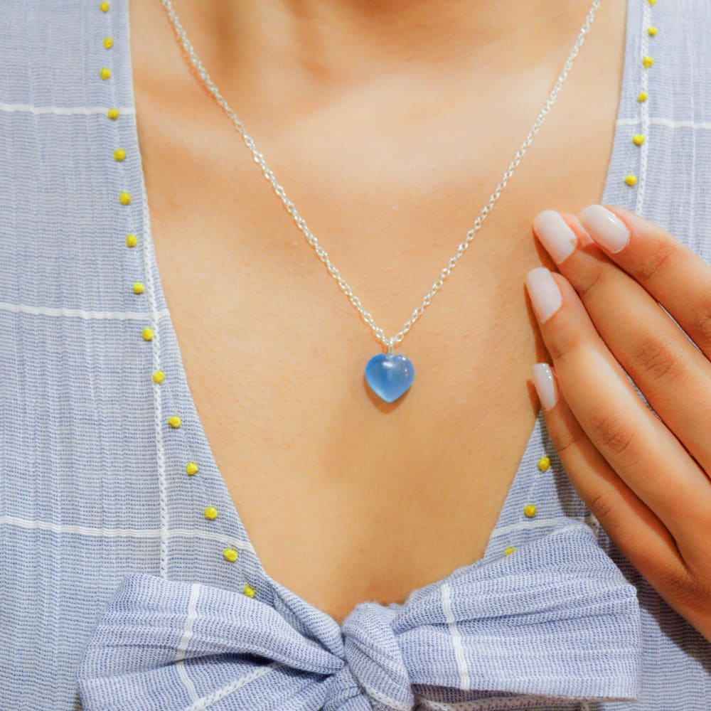 Blue Chalcedony Stone Pendant with Chain - Silver Chain - 