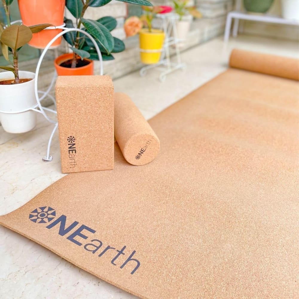 ONEarth Cork Yoga Combo Mat Roller and Brick Block