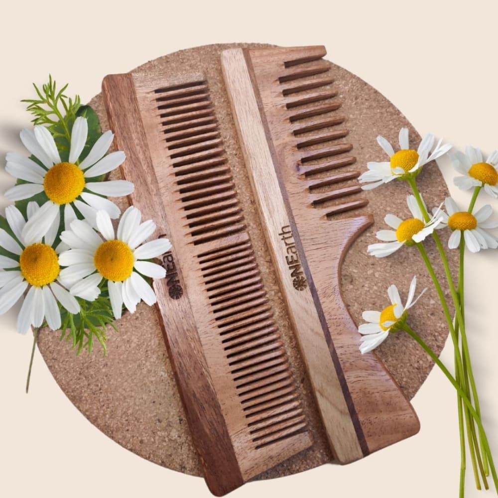 Organic Neem Wood Combs - Pack of 2 - Handle Comb+ 2 in 1 
