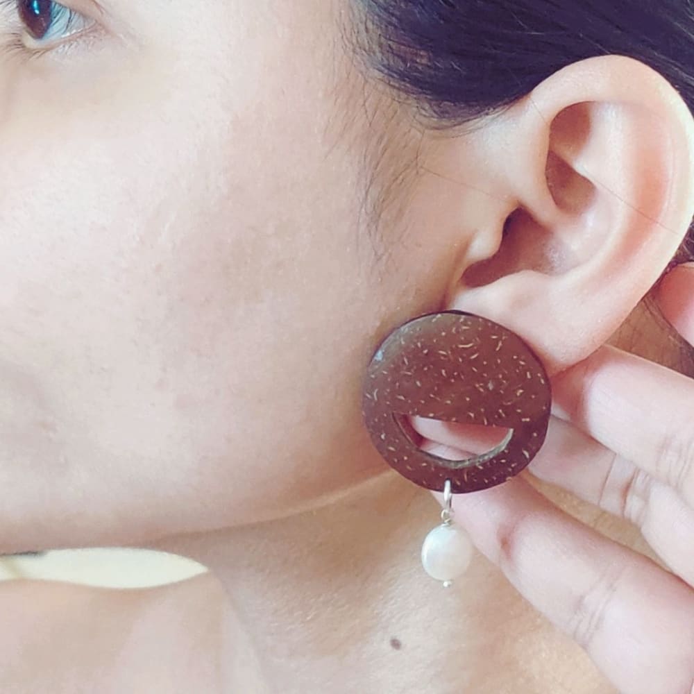 Pearl & Round Coconut Shell Earrings - Jewellery