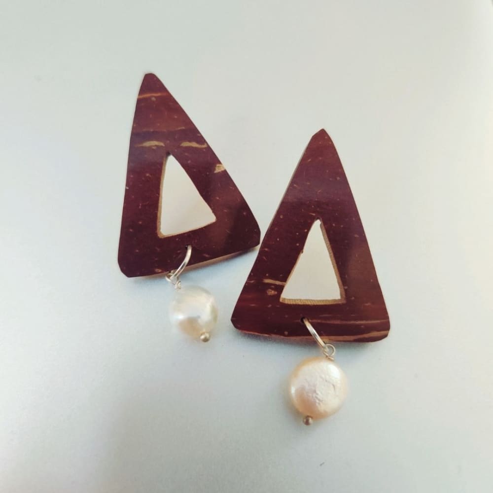 Pearl & Triangle Coconut Shell Earrings - Silver - Jewellery