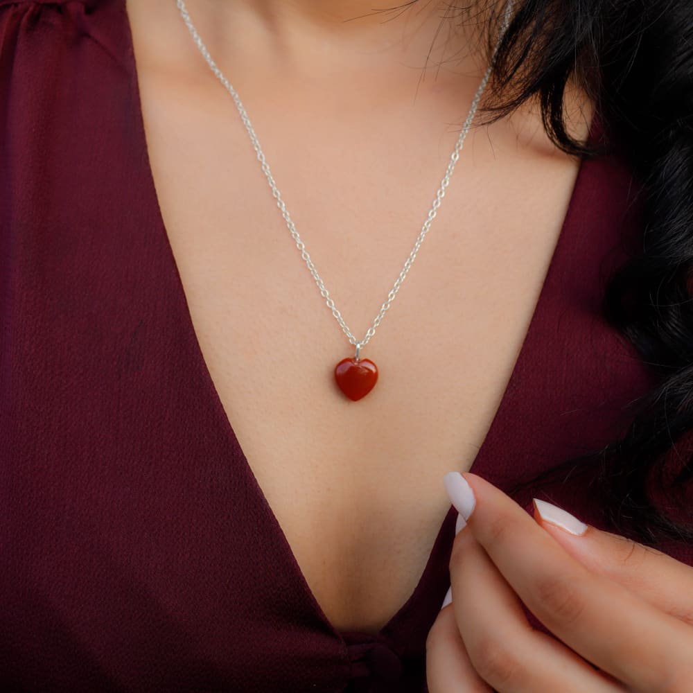 Red Jasper Stone Pendant with Chain - Silver chain - 