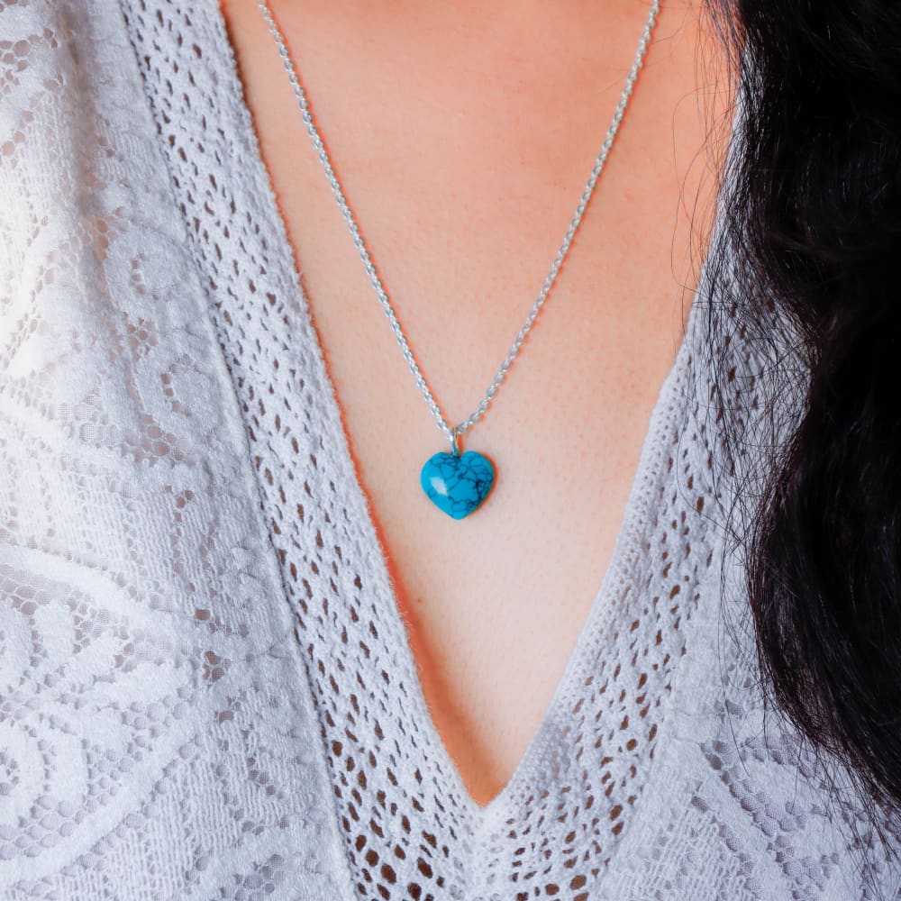 Turquoise Stone Pendant with Chain - Silver Chain - 